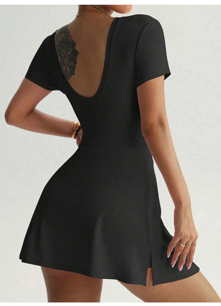 CT Form-Fitting Open-Back Tennis Dress with Built-in Shorts